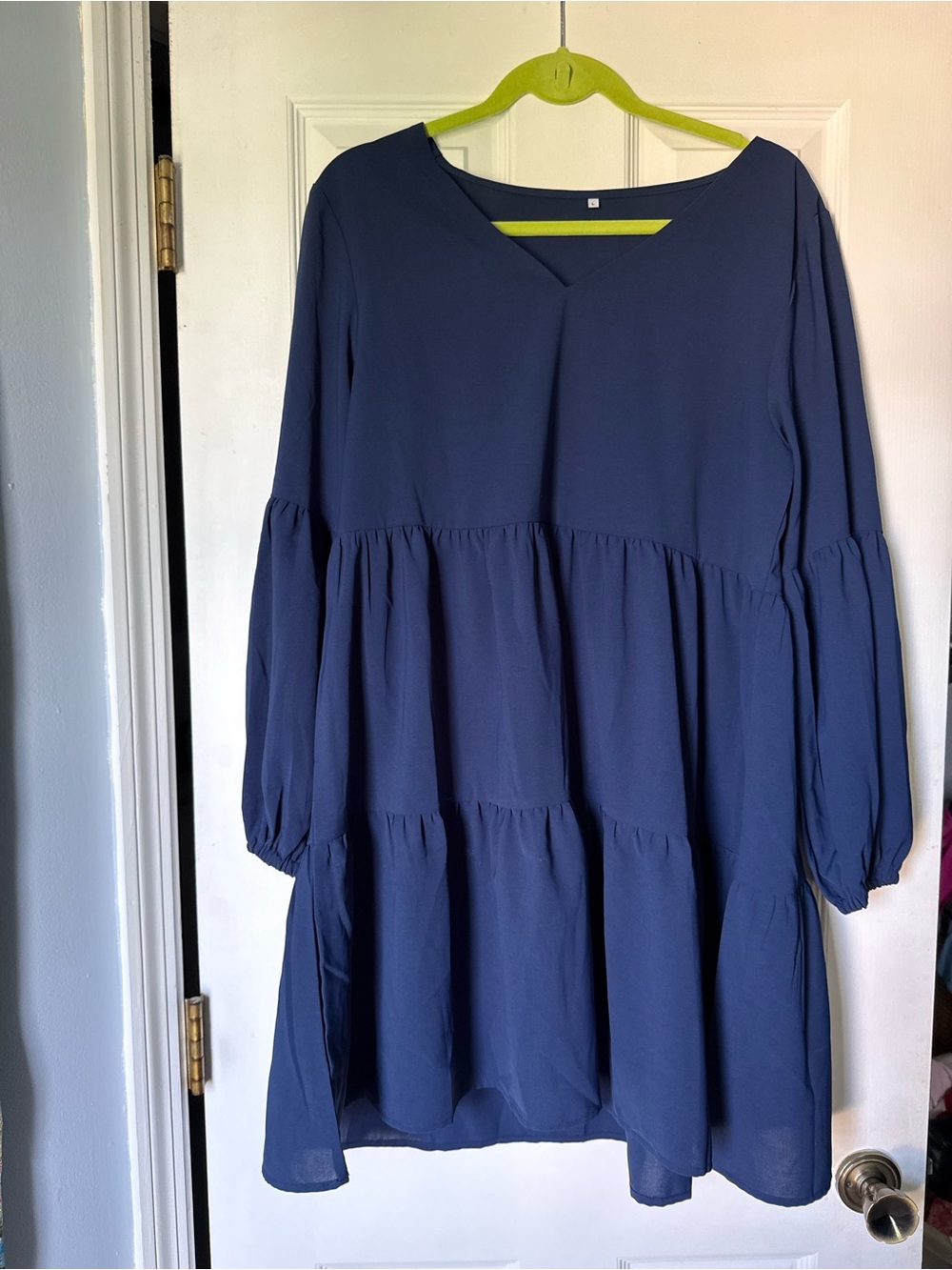 Navy Blue V-Neck Tiered Babydoll Long-Sleeve Dress